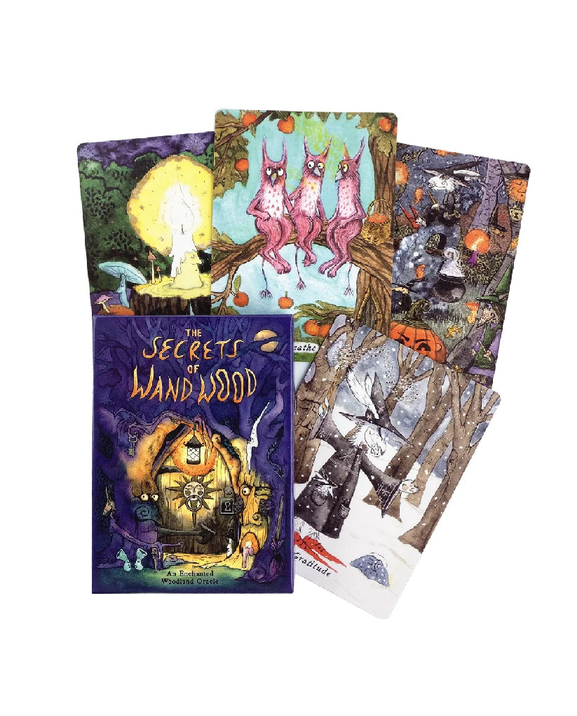 Three tarot cards with colorful illustrations and 'The Secrets of Landwood' text on a white background.