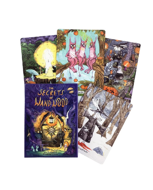 Three tarot cards with colorful illustrations and 'The Secrets of Landwood' text on a white background.