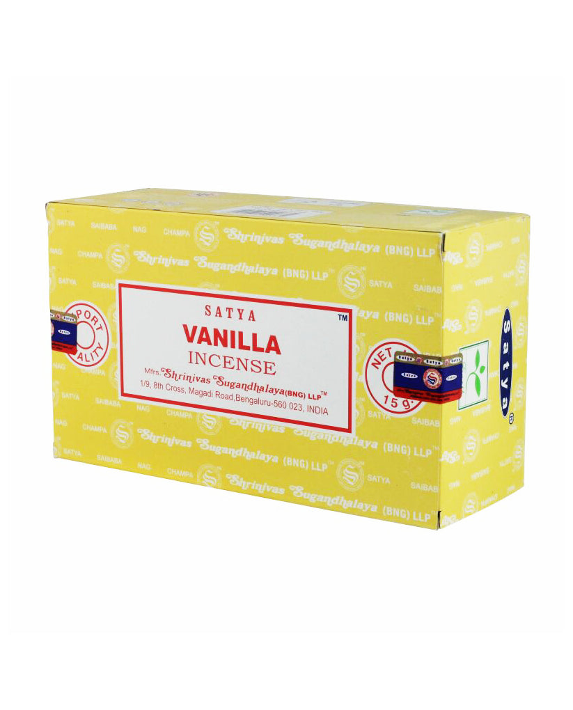 Box of Satya Vanilla incense on a white background