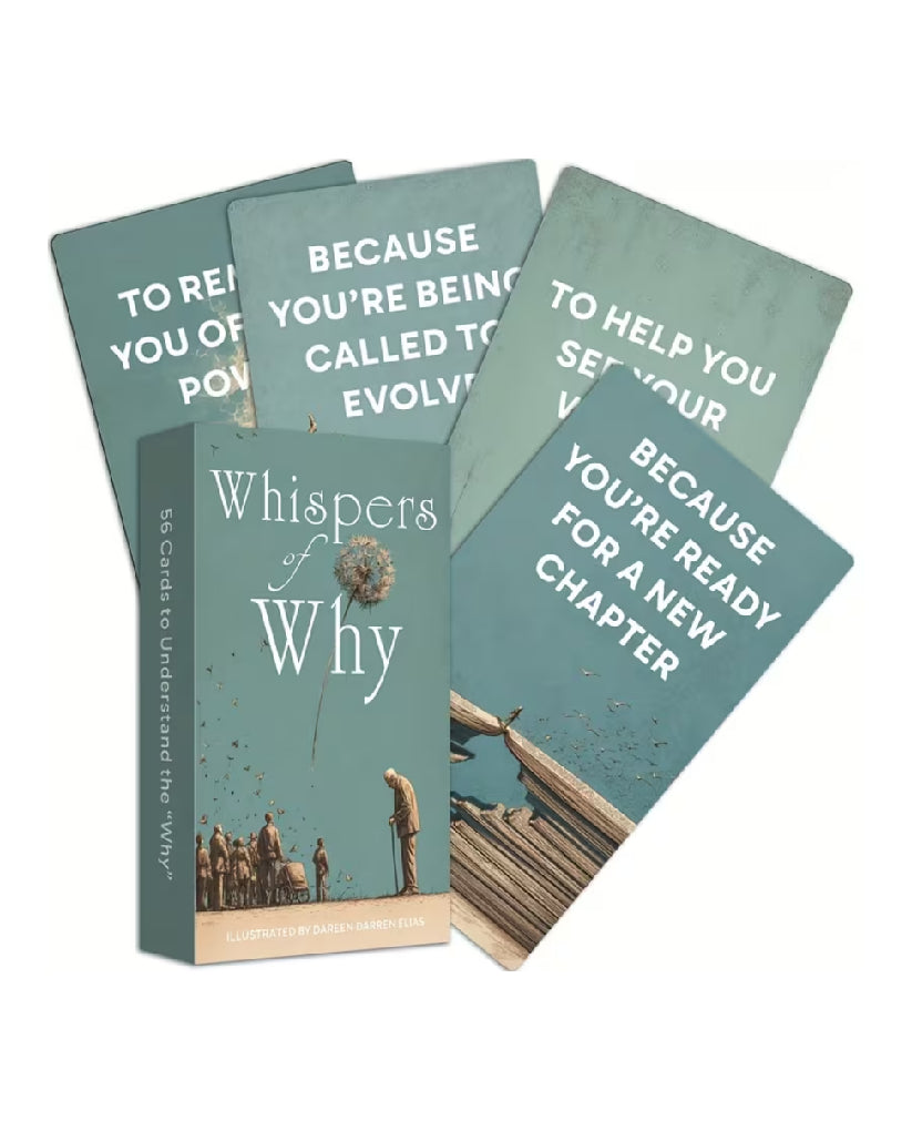 Book titled 'Whispers of Why' with text on a white background
