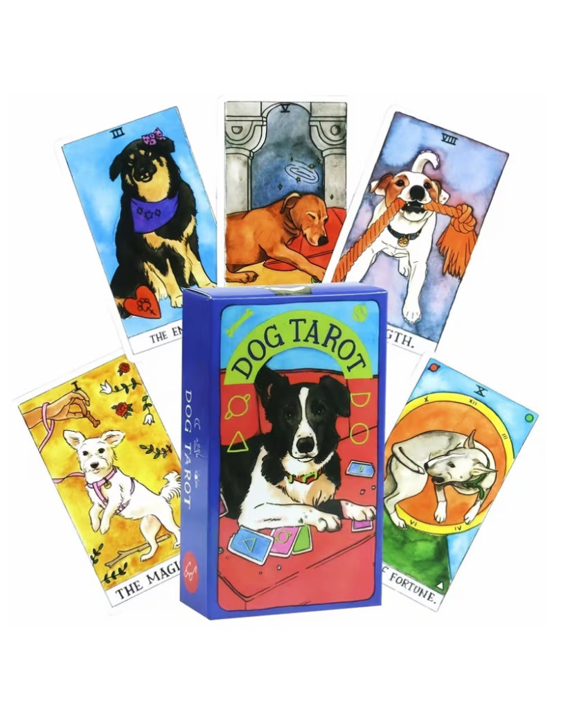 Dog Tarot card set with colorful cards and a central box displaying 'Dog Tarot'.