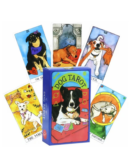 Dog Tarot card set with colorful cards and a central box displaying 'Dog Tarot'.