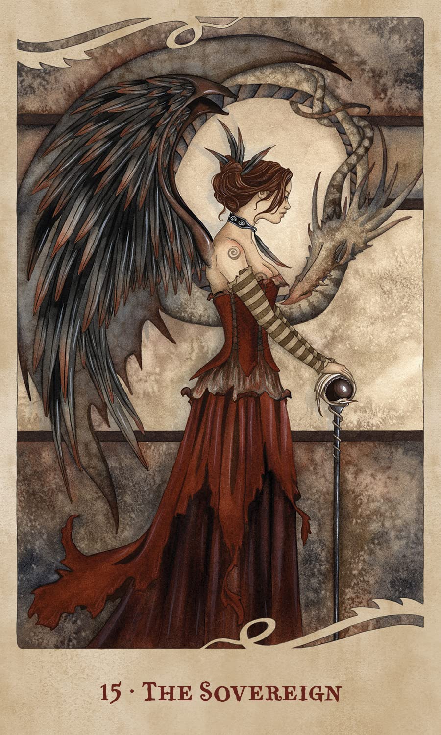 Artistic depiction of a woman with wings and a dragon, titled 'The Sovereign', on a textured background.