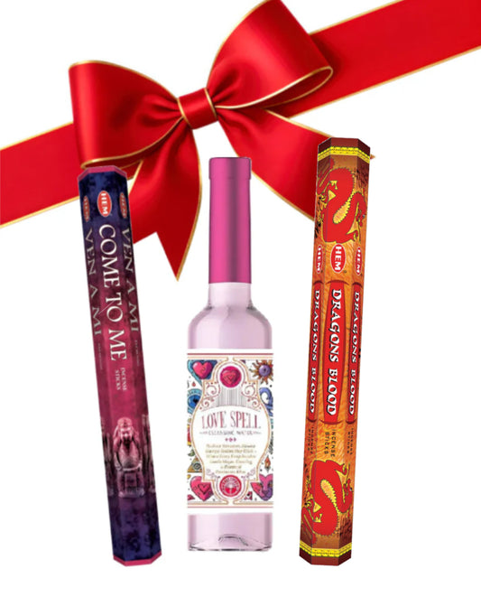 Three witchcraft products with a red ribbon on a white background