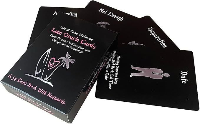 Black tarot cards with text and symbols on a white background