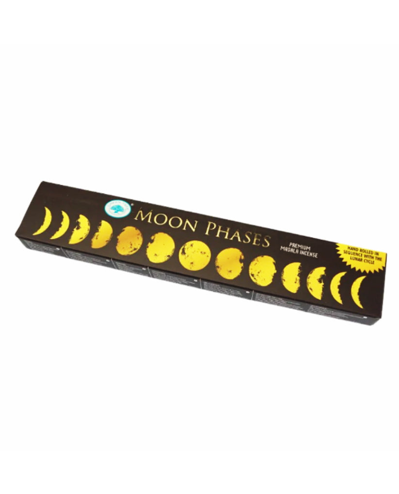 Box of incense sticks with moon phases design on a white background