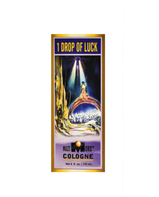 Vintage-style cologne bottle packaging with '1 Drop of Luck' text on a white background