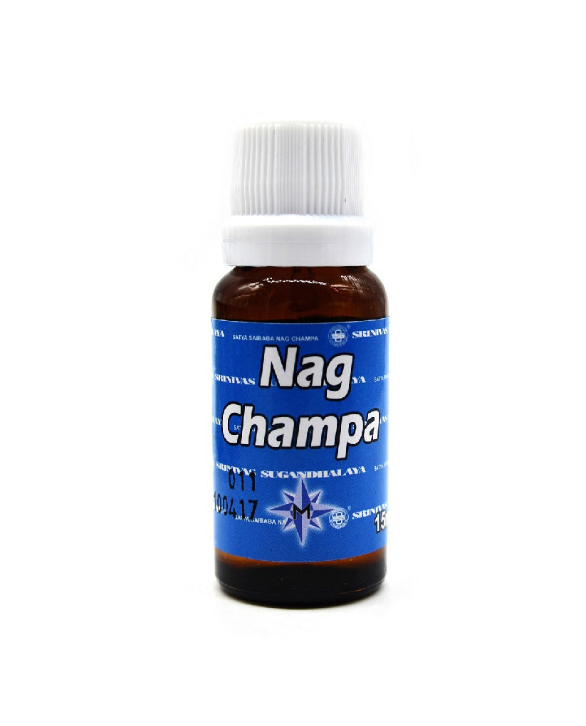 A small amber glass bottle of Nag Champa spiritual oil with a white ribbed cap and a blue label, shown on a plain white background.