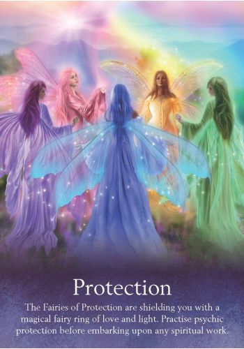 Colorful fairies with rainbow wings and protective message on a purple background