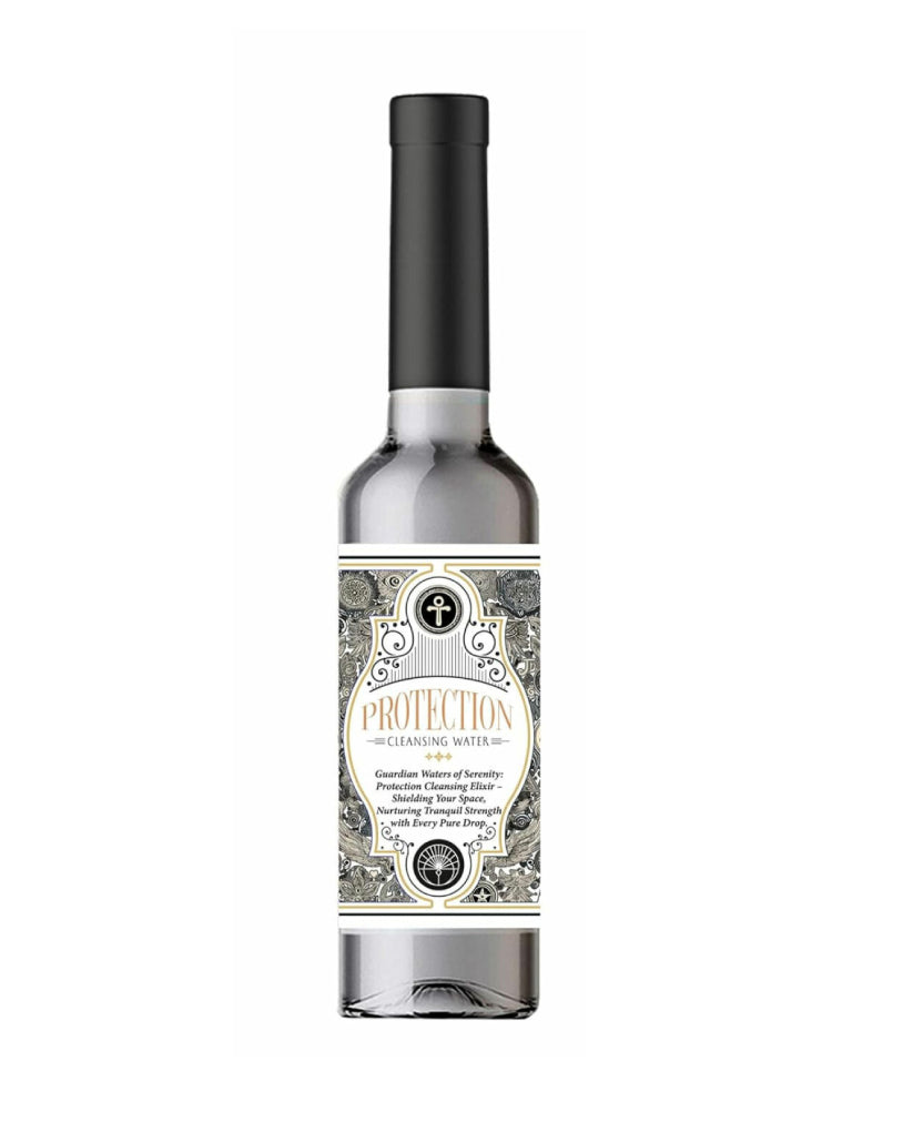 Bottle of 'Protection' cleansing water with a decorative label on a white background