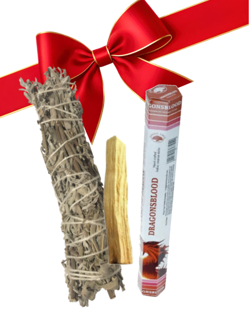Sage bundle, Palo Santo stick, and Dragon's Blood incense packaging with a red ribbon on a white background.