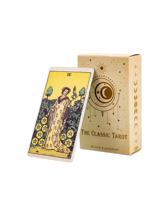 Tarot card and packaging with 'The Classic Tarot' branding on a white background