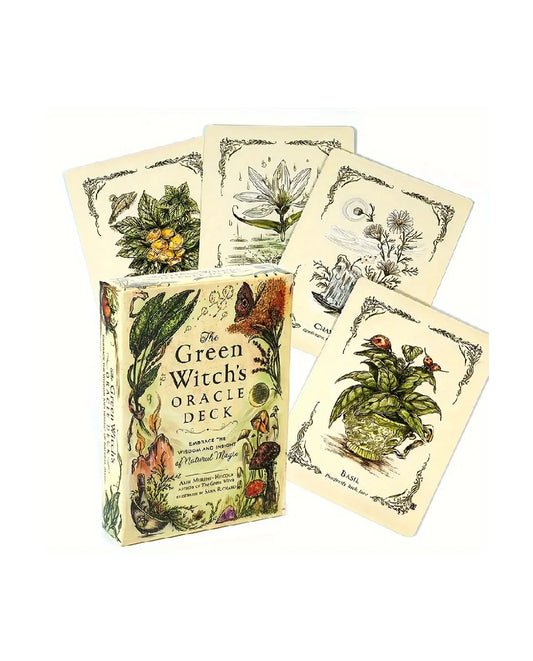 Green Witch's Oracle Deck with botanical illustrations on a white background