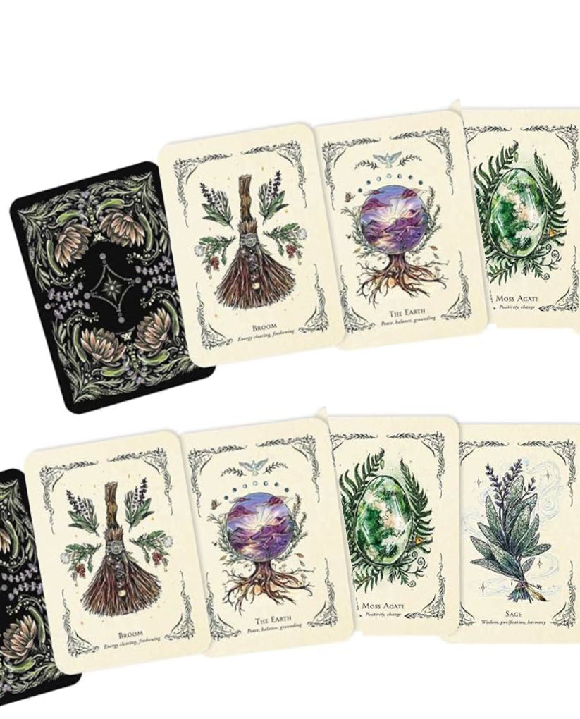 Set of tarot cards with nature-themed designs on a white background