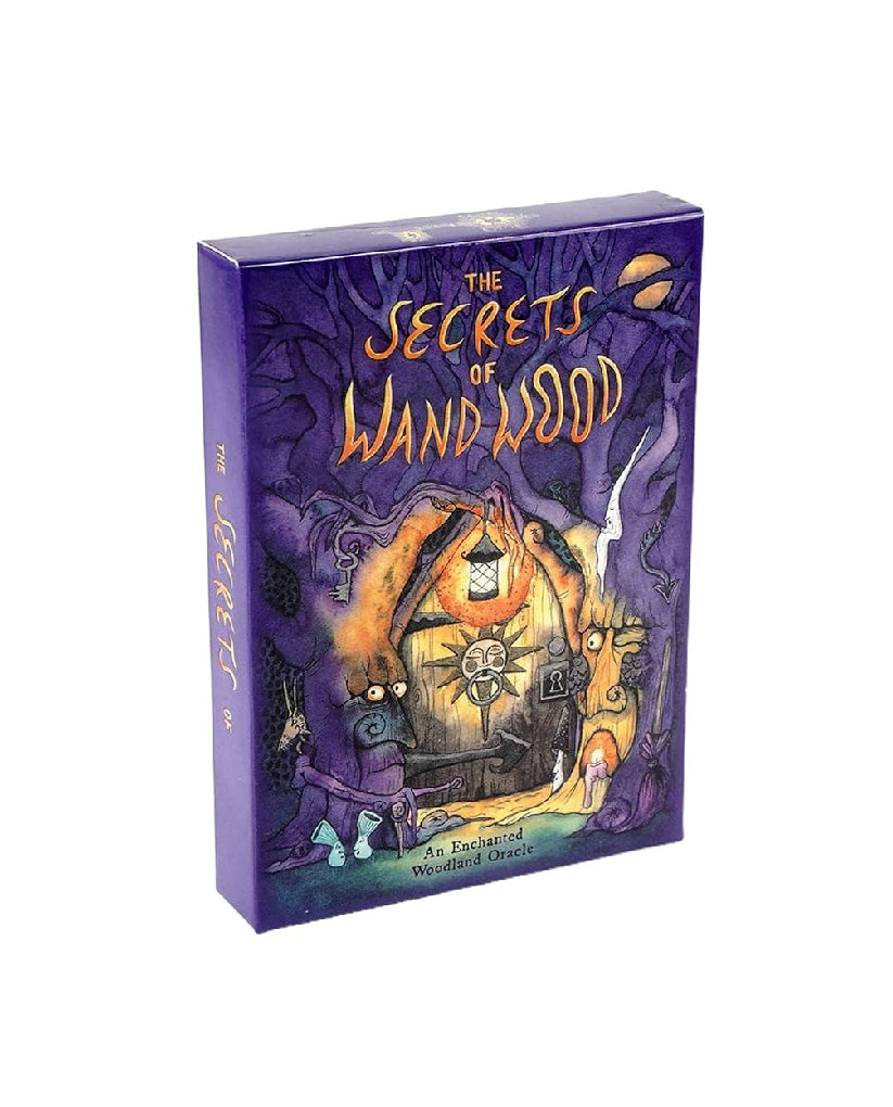 Book titled 'The Secrets of Wandwood' with a purple cover featuring illustrations of characters and a magical scene.